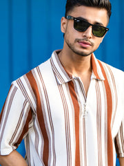 Barcode Half Zipper Brown Polo Half Sleeve T-Shirt