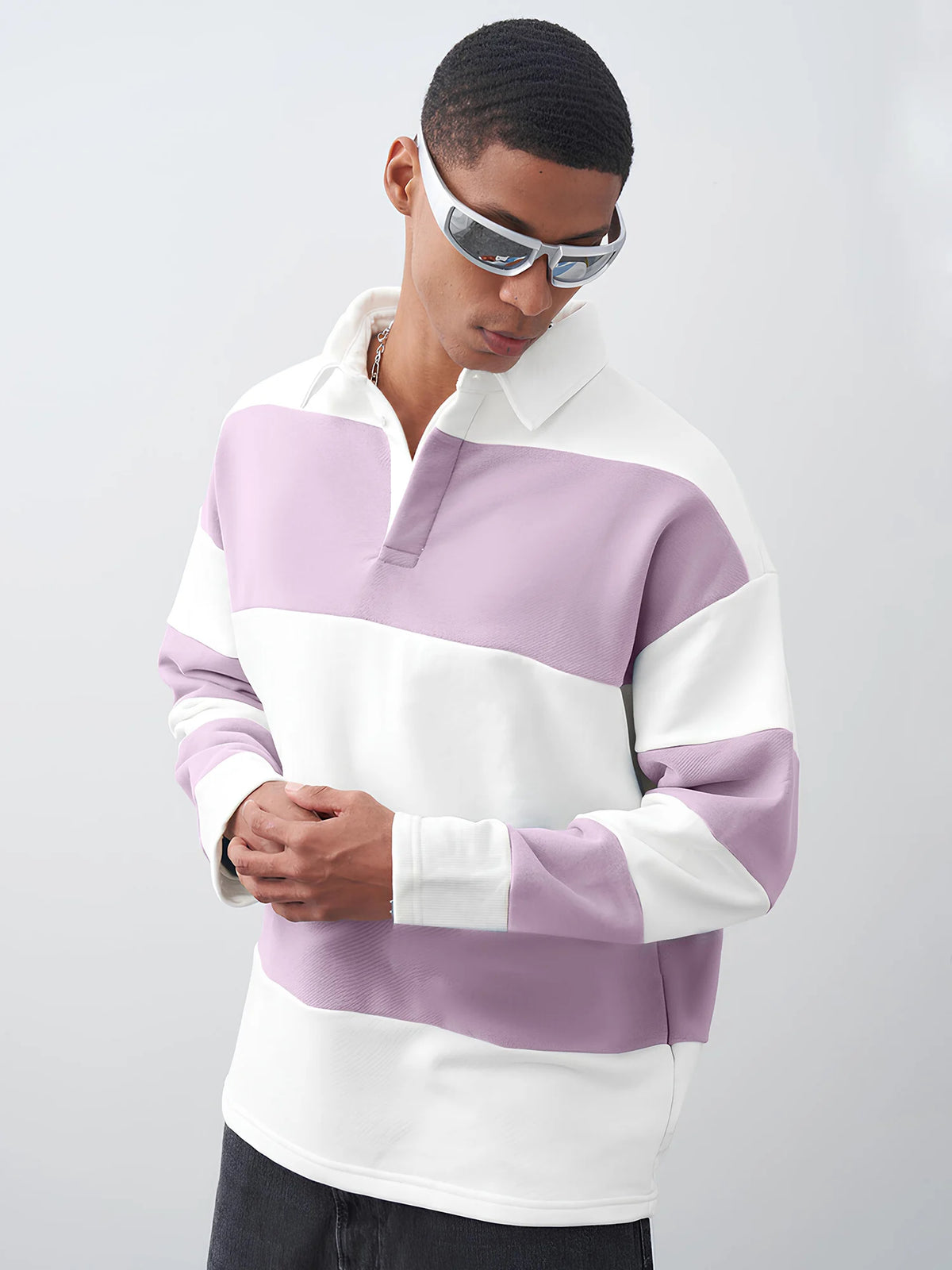 Lavender full sleeve colorblock white polo t-shirt for men