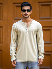 Waffle Beige Henley Full Sleeve Tshirt