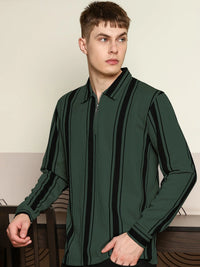Cord Stripe Bottle Green Full Sleeve Polo T-Shirt