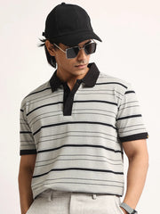 Neutral Stripe Grey, Black Half Sleeve Polo T-Shirt
