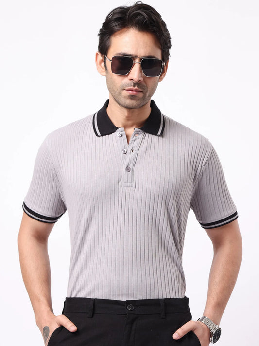 DropKnit Contrast Silver Grey Half Sleeve Polo T-Shirt