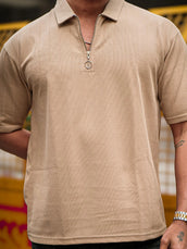 Brooklyn Half Zipper Beige Polo Half Sleeve T-Shirt