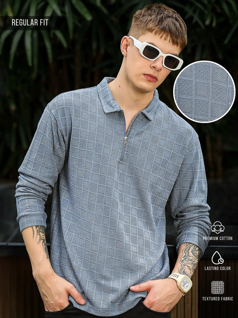 Street Blocks Light Grey Full Sleeve Polo T-Shirt
