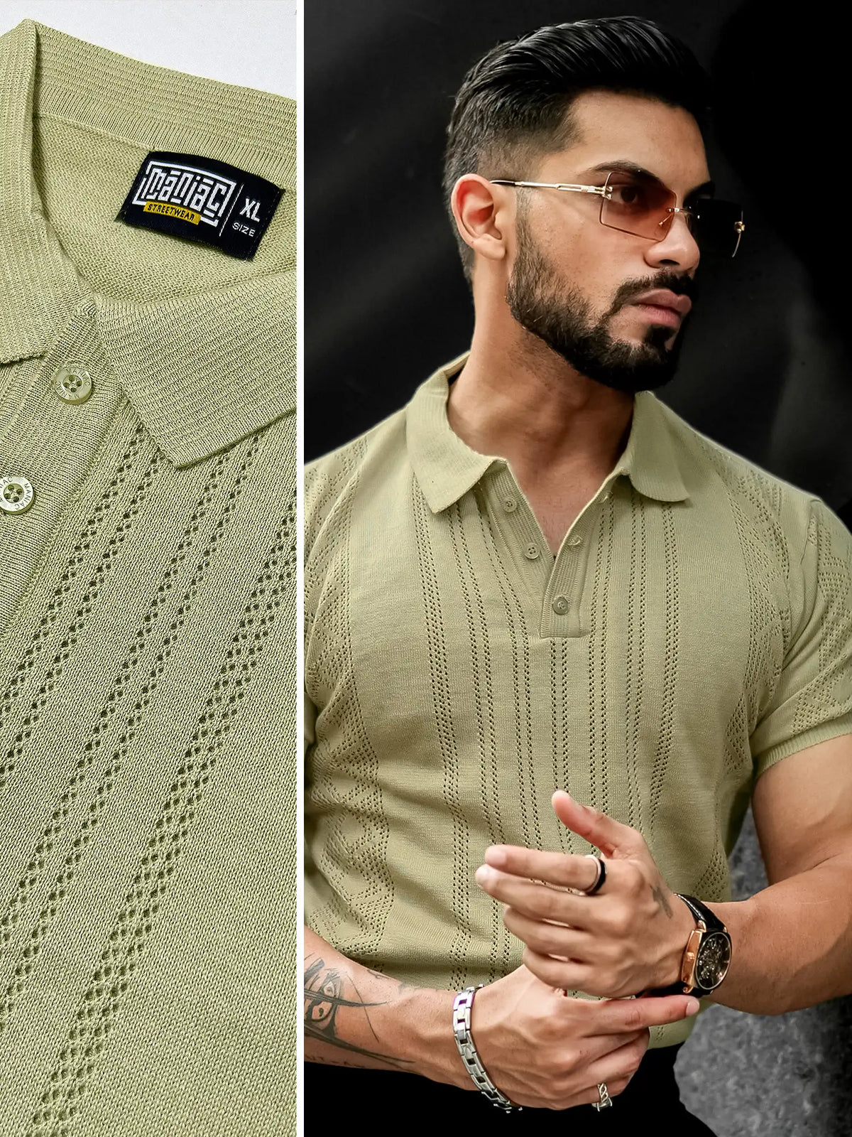 Beige half sleeve flat knit slim polo t-shirt for men