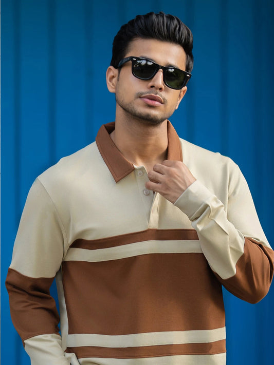 Block Panel Beige Full Sleeve Polo T-Shirt