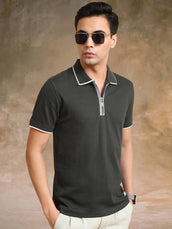 Pointel HalfZipper Olive Half Sleeve Polo T-Shirt