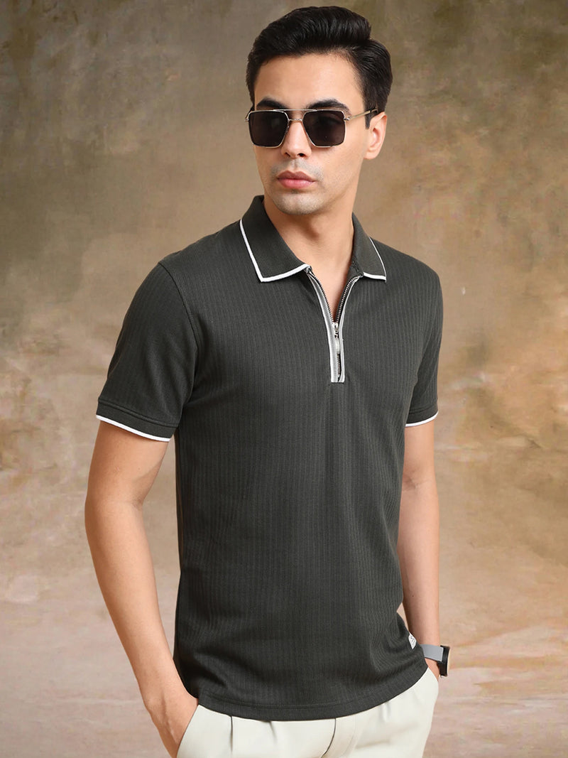 Pointel HalfZipper Olive Half Sleeve Polo T-Shirt