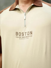 Beige half sleeve boston zipper polo t-shirt for men - view 2