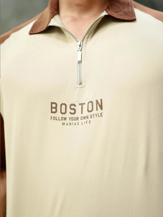 Boston Half Zipper Beige Polo Half Sleeve T-Shirt