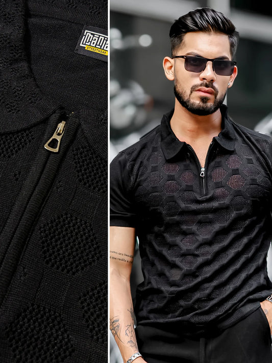 Diamond Knit Black Slim Half Sleeve Polo T-Shirt