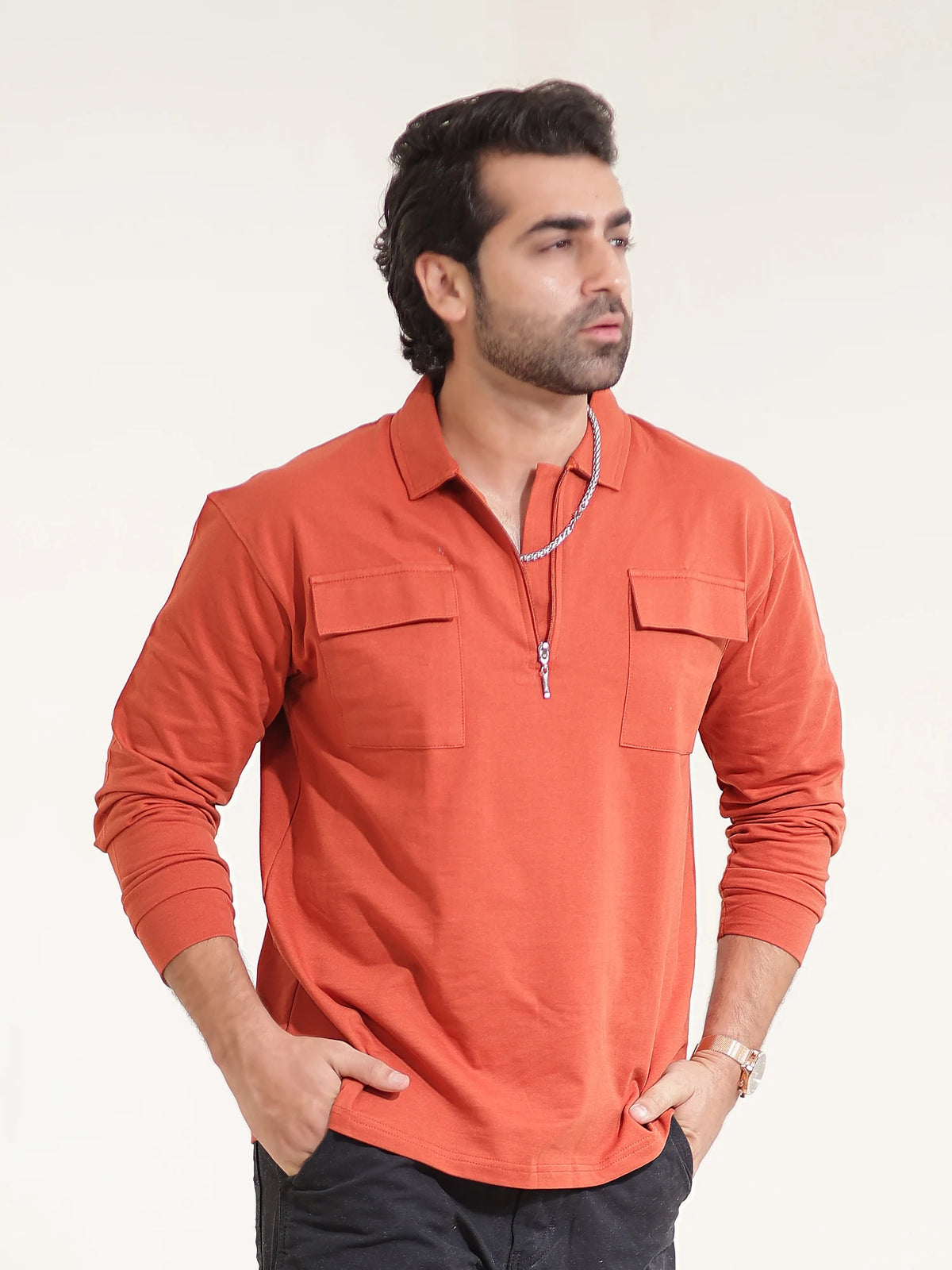 Rust full sleeve pocket polo t-shirt for men - view 3