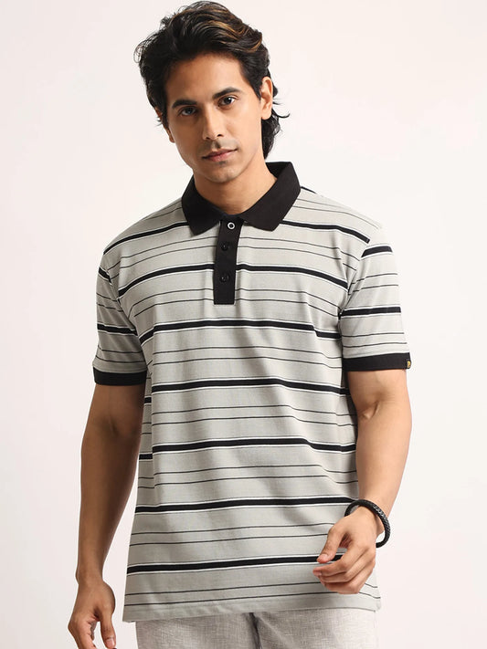 Neutral Stripe Grey, Black Half Sleeve Polo T-Shirt