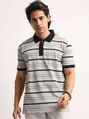 Neutral Stripe Grey, Black Half Sleeve Polo T-Shirt