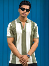 Bold Stripe Green Half Sleeve Polo T-Shirt