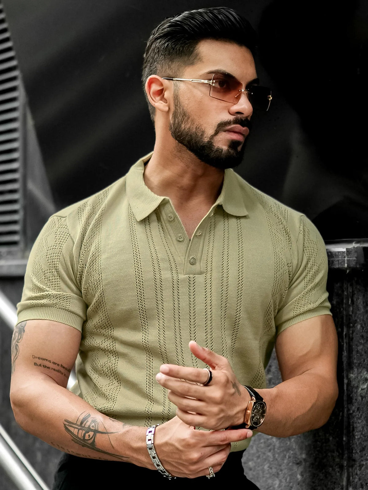 Beige half sleeve flat knit slim polo t-shirt for men - view 2