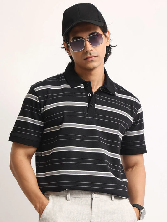 Neutral Stripe Black, Grey Half Sleeve Polo T-Shirt
