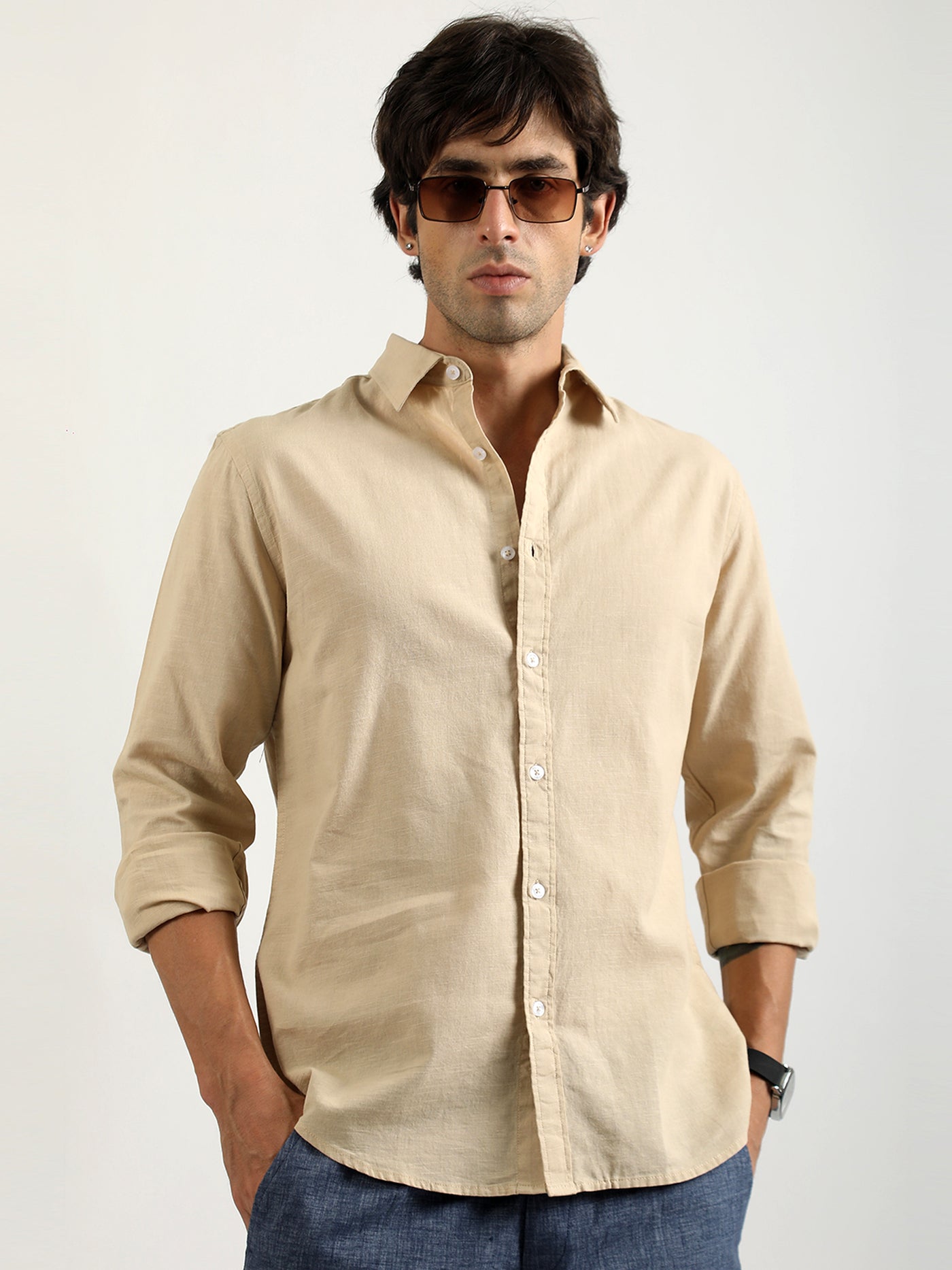 Cotton Linen Beige Full Sleeve Shirt