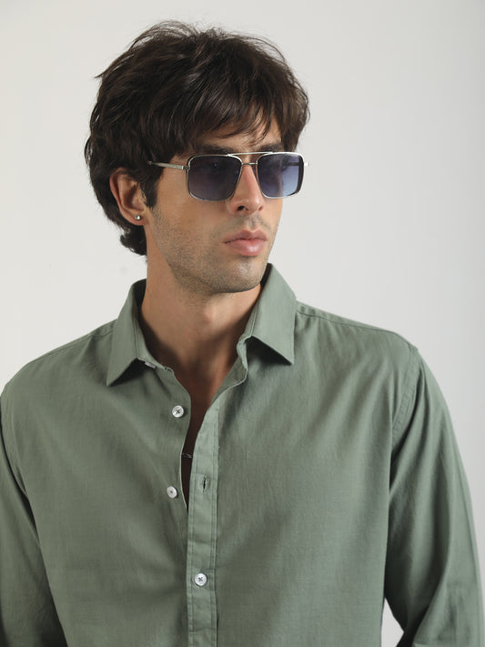 Cotton Linen Green Full Sleeve Shirt