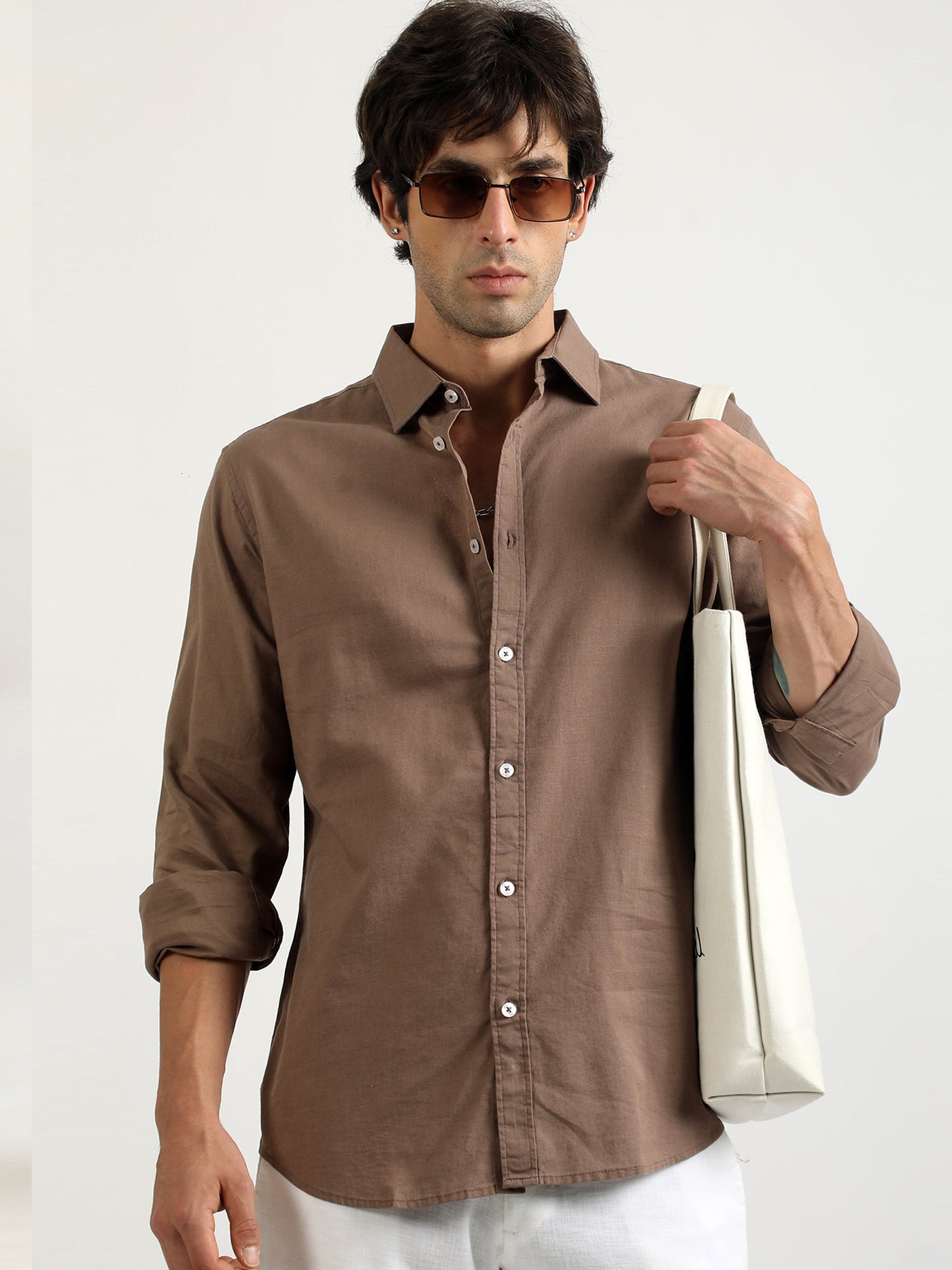 Cotton Linen Light Brown Full Sleeve Shirt