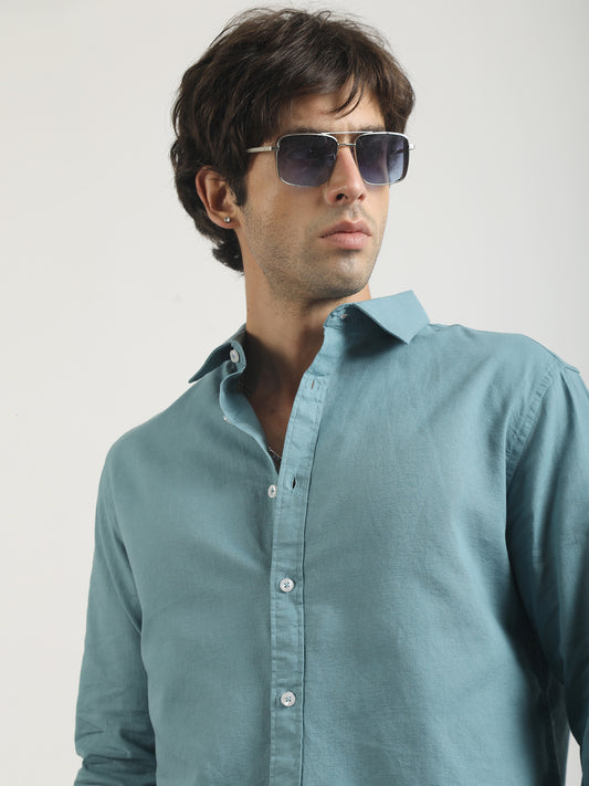 Cotton Linen Teal Blue Full Sleeve Shirt