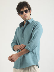 Cotton Linen Teal Blue Full Sleeve Shirt