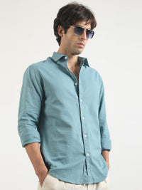 Cotton Linen Teal Blue Full Sleeve Shirt