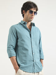 Cotton Linen Teal Blue Full Sleeve Shirt