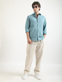 Cotton Linen Teal Blue Full Sleeve Shirt