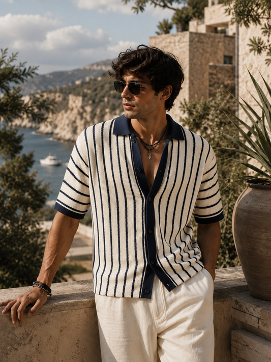 Cream Venice Stripes Flat-Knit Half-Sleeve Polo Shirt