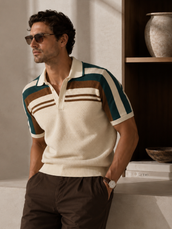 Cream Espresso Panel Flat-Knit Half Sleeve Polo T-Shirt