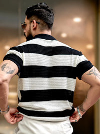 Vertical Stripe FlatKnit Cotton Black Half Sleeve Polo T-Shirt