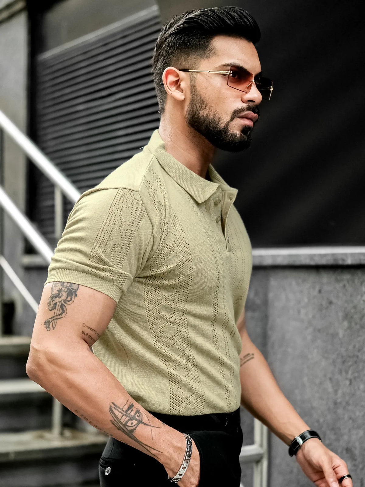 Beige half sleeve flat knit slim polo t-shirt for men - view 3