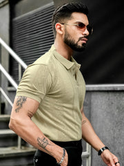 Flat Knit Beige Slim Half Sleeve Polo T-Shirt