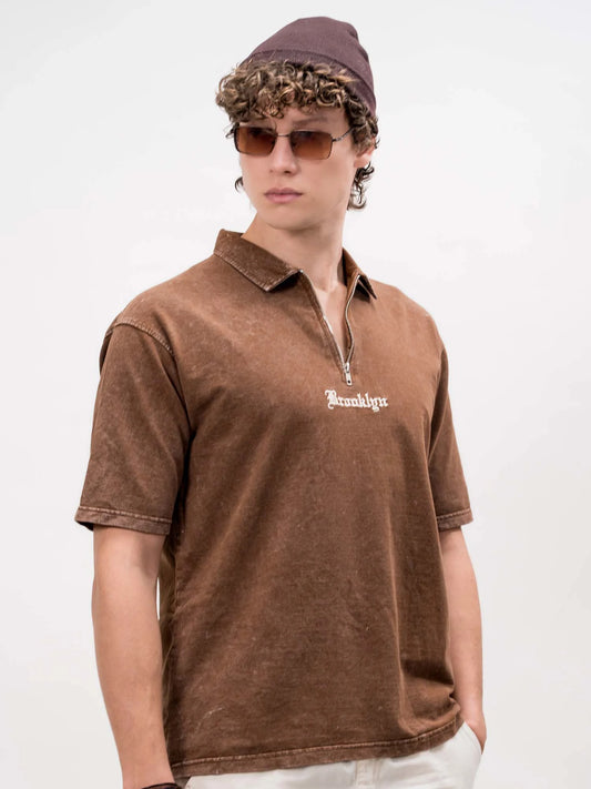 Washed Brooklyn Brown Half Sleeve Polo T-Shirt