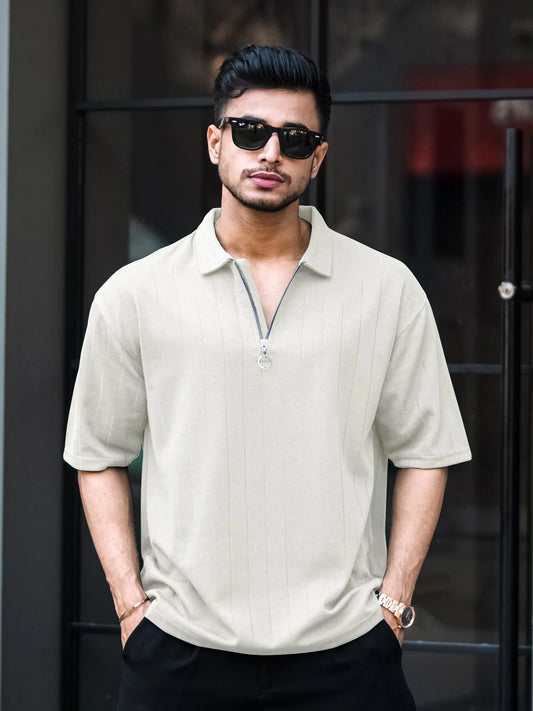 Brooklyn Half Zipper Cream Polo Half Sleeve T-Shirt