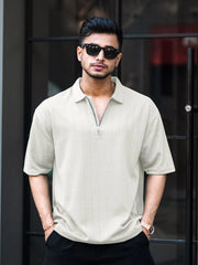 Brooklyn Half Zipper Cream Polo Half Sleeve T-Shirt