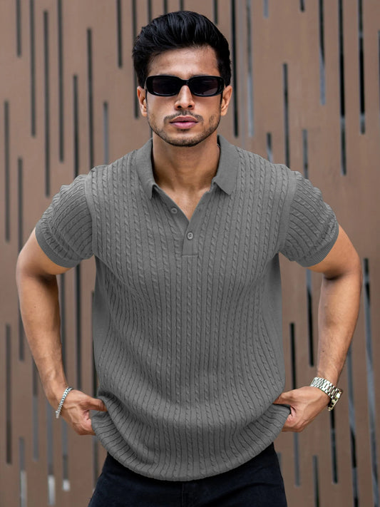 Ribbed Knit Grey Polo Half Sleeve T-Shirt