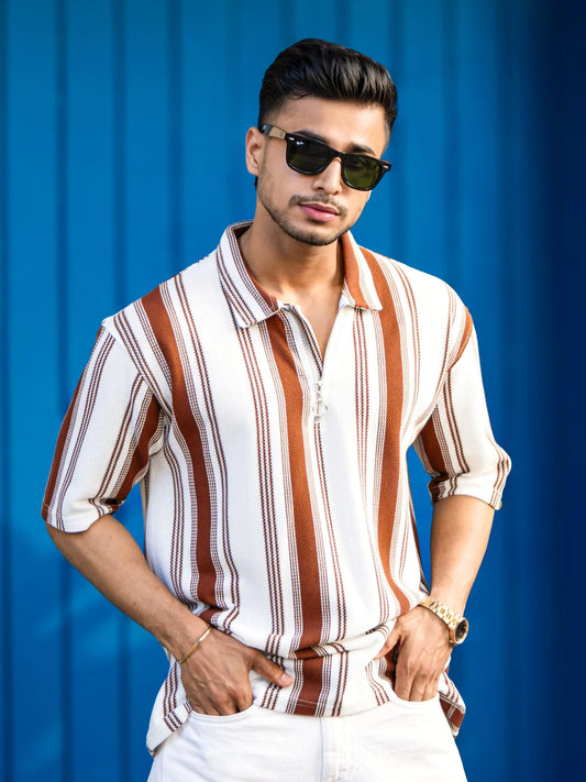 Barcode Half Zipper Brown Polo Half Sleeve T-Shirt