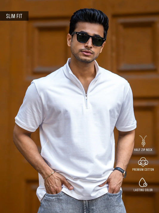Solid White High Neck Half Sleeve Tshirt