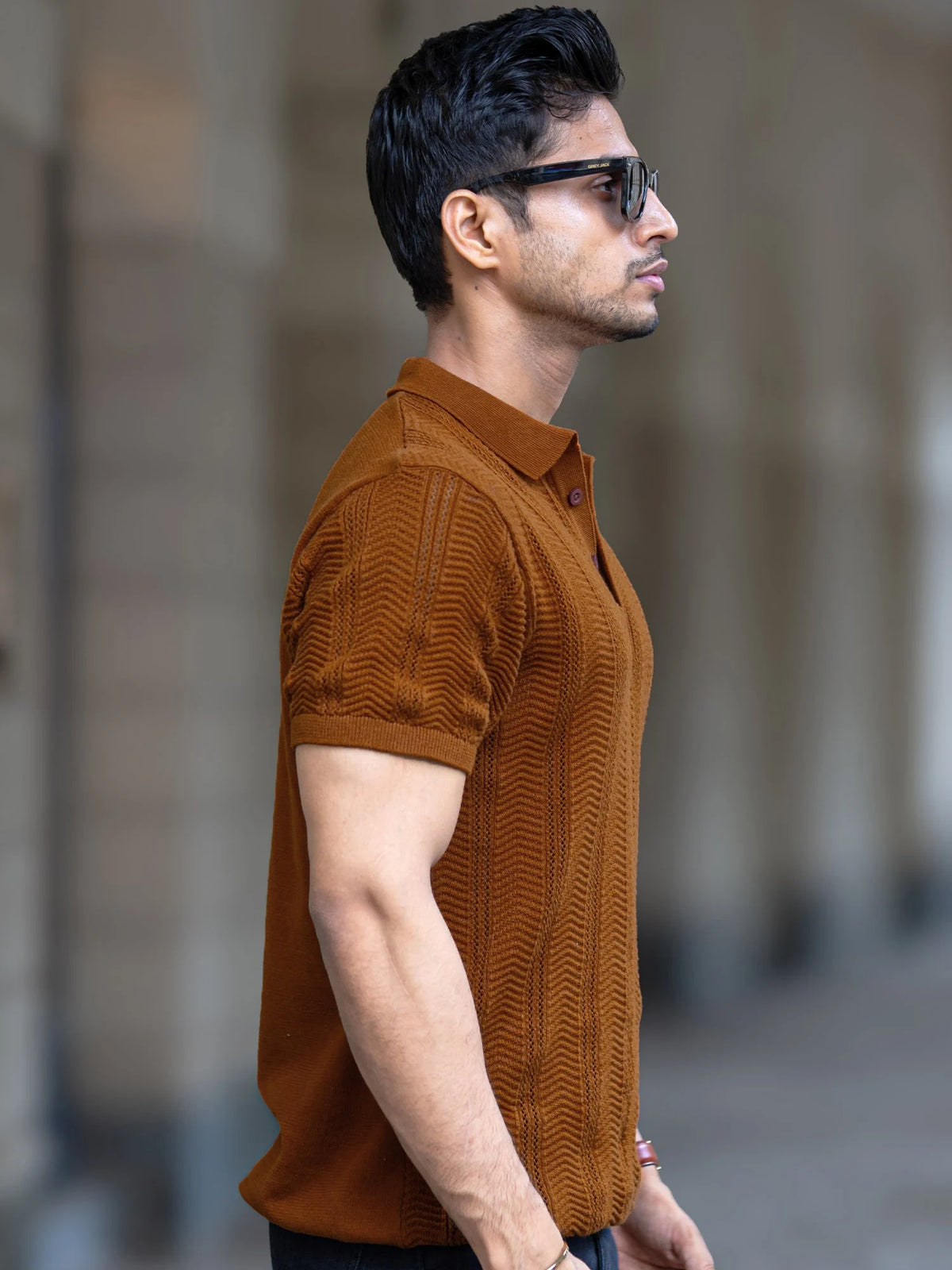 Brown half sleeve bohemian crochet t-shirt for men - view 6
