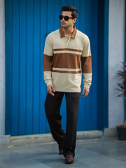 Block Panel Beige Full Sleeve Polo T-Shirt