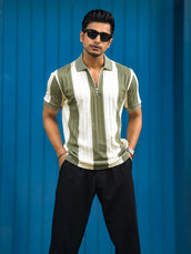 Bold Stripe Green Half Sleeve Polo T-Shirt