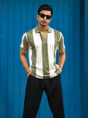Bold Stripe Green Half Sleeve Polo T-Shirt