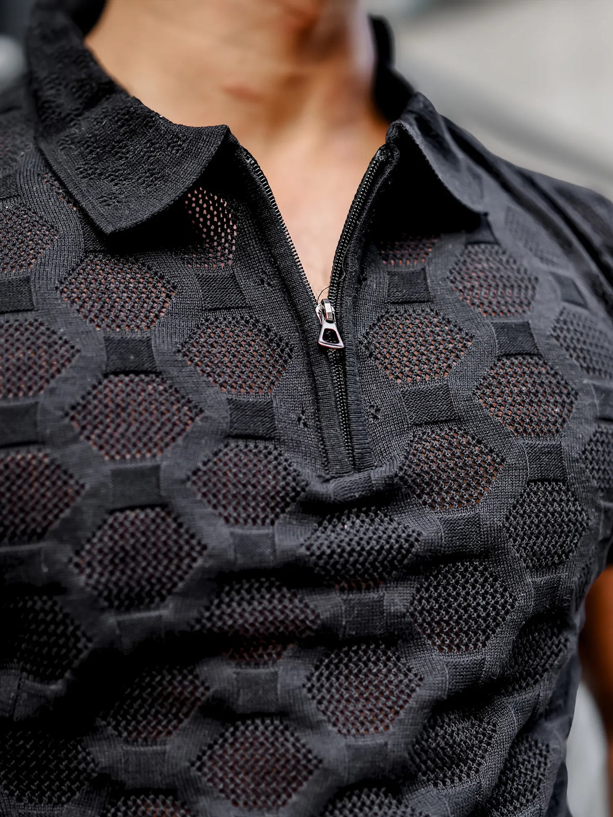 Black half sleeve diamond knit slim polo t-shirt for men - view 8
