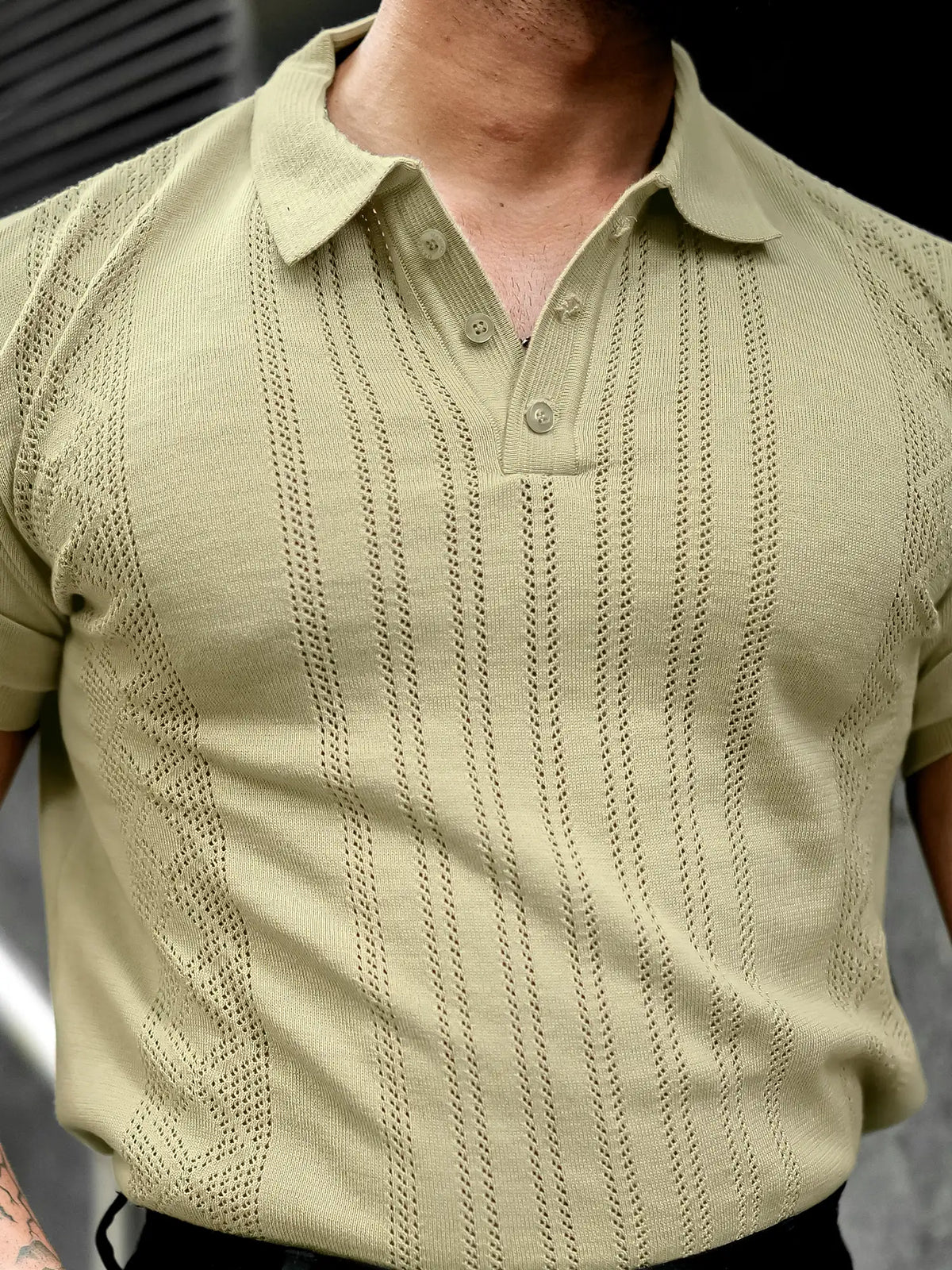 Beige half sleeve flat knit slim polo t-shirt for men - view 6