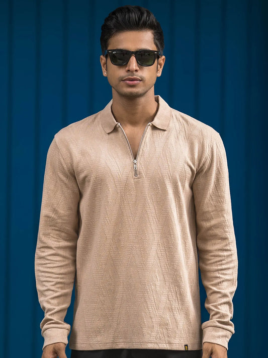 Opal Wave Beige Full Sleeve Polo T-Shirt