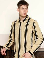 Cord Stripe Beige Full Sleeve Polo T-Shirt