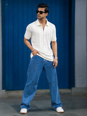 Cubic Knit Cream Half Sleeve Polo T-Shirt