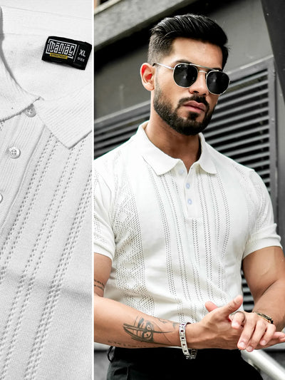 White Knit Half Sleeve Polo T-Shirt